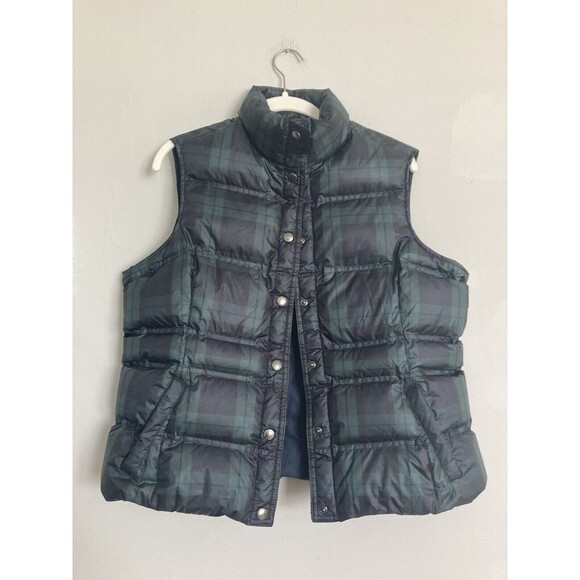 Lands’ End Plaid Down Puffer Vest MEDIUM Black Watch Women’s Navy Green - Picture 1 of 9